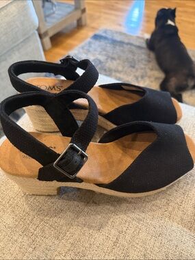 TOMS Black Espadrille Wedge Sandals with Ankle Strap